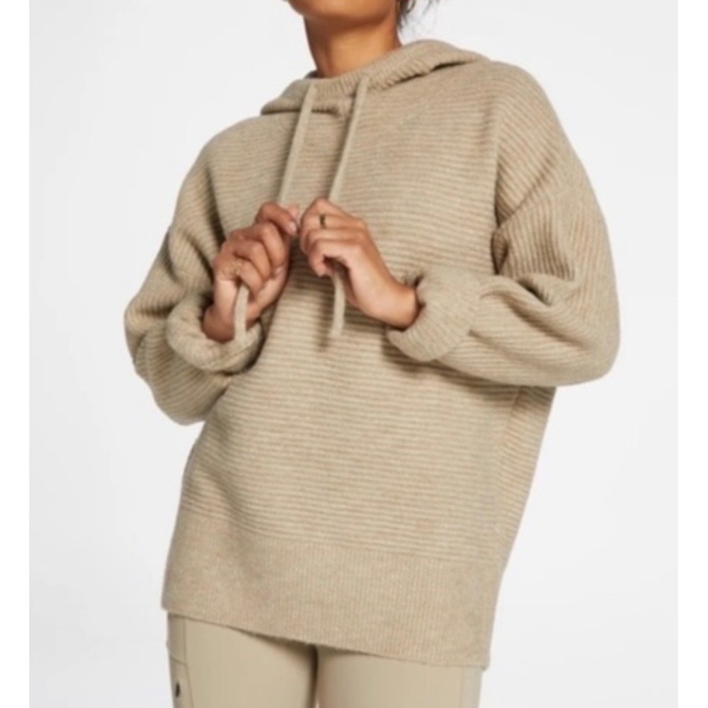 CALIA Womens Ribbed Knit Pullover Hoodie Sweater Oatmeal Beige - Large